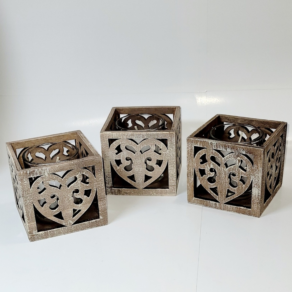 Candle Holders, Set/3 Wood 🤎 Votive Crates, New, Glass Cups & Candles Included
